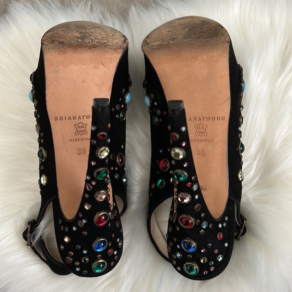 Brian Atwood black suede jeweled peep toe sandals heels 36 US 6 - Picture 4 of 4
